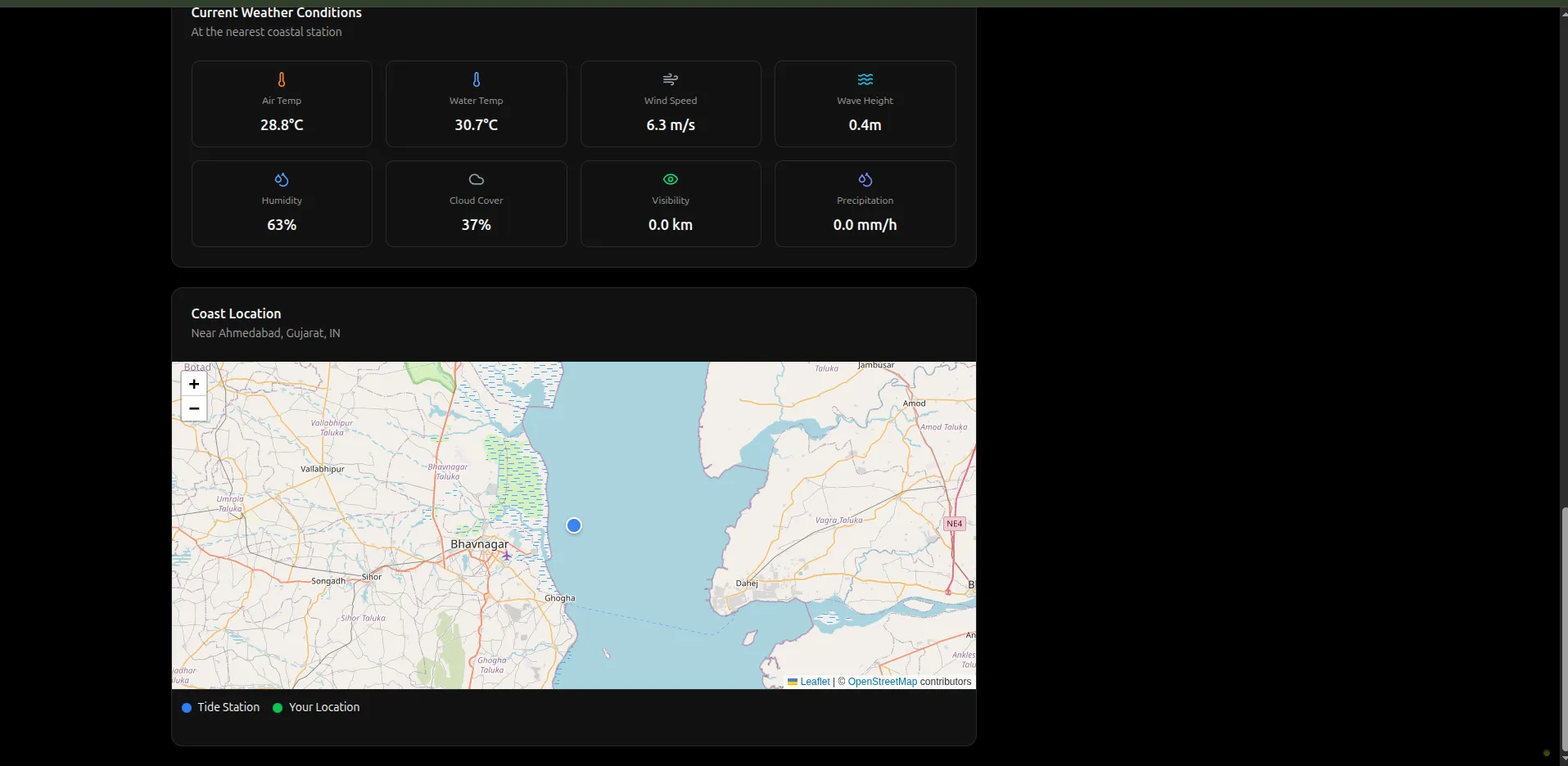 Tide Info dashboard showing tide predictions and weather conditions