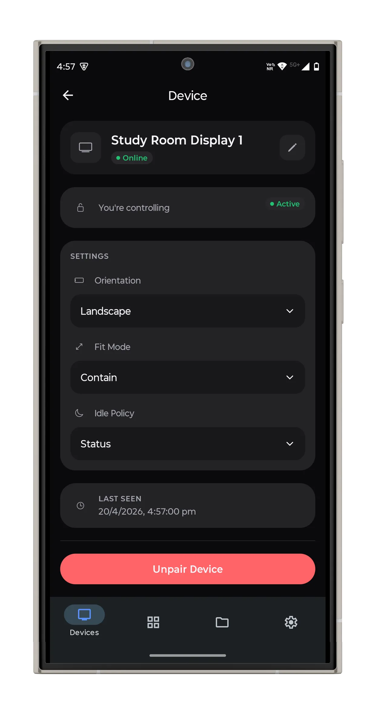 Vync phone controller screen