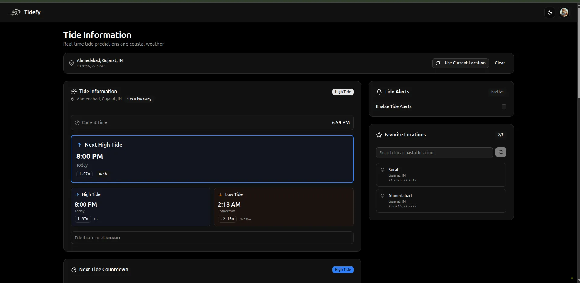 Tide Info dashboard showing tide predictions and weather conditions