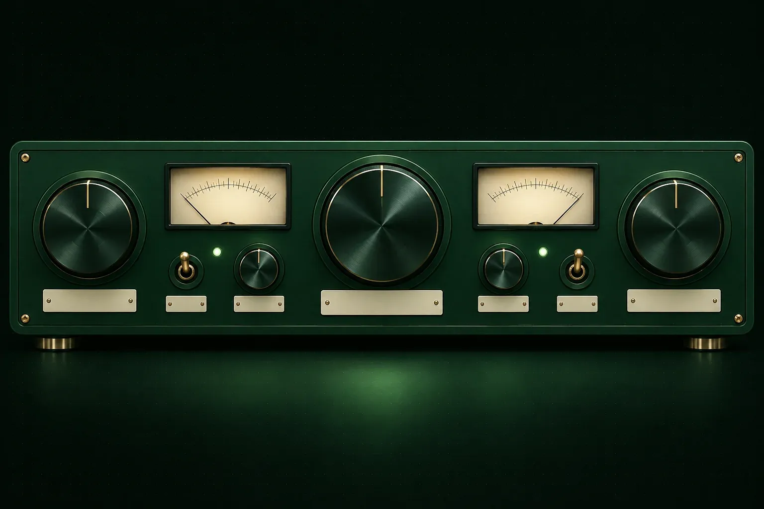 A dark racing-green hi-fi faceplate in the site's lacquer-and-phosphor palette — brushed metal knobs, two cream VU meters, two lit phosphor-green LEDs, gold hardware — with every engraved label plate left blank.