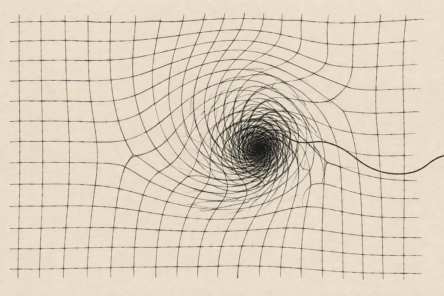 A hand-drawn grid spiraling into a dense knot, with one loose line escaping to the edge.